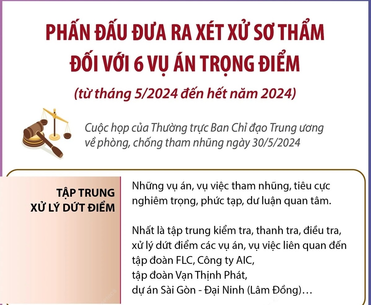 Phấn đấu đưa ra xét xử sơ thẩm đối với 6 vụ án trọng điểm